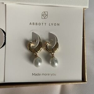 Abbott Lyon Organic Pearl Drop Huggie Gold Earrings New In Box